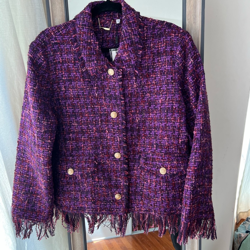 Chico’s Size 3 (XL) Purple Tweed Fringe Jacket NWT - Picture 2 of 6